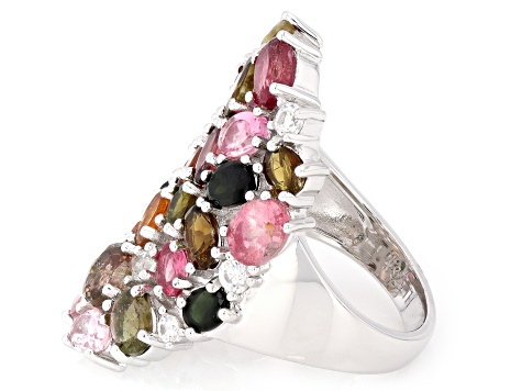 Multi-Tourmaline Rhodium Over Sterling Silver Ring 7.00ctw