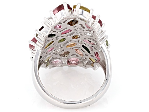 Multi-Tourmaline Rhodium Over Sterling Silver Ring 7.00ctw