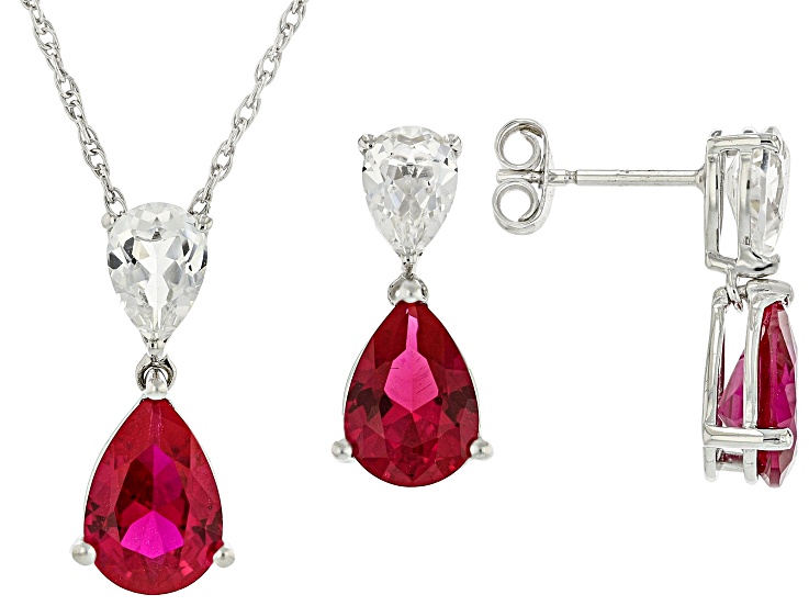 Lab Created Ruby Rhodium Over Sterling Silver Pendant with Chain and Earrings Set 7.97ctw