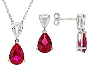 Lab Created Ruby Rhodium Over Sterling Silver Pendant with Chain and Earrings Set 7.97ctw