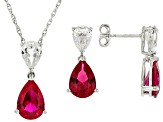Lab Created Ruby Rhodium Over Sterling Silver Pendant with Chain and Earrings Set 7.97ctw