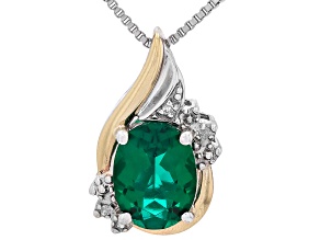 Lab Created Emerald Rhodium and 10k Yellow Gold Over Sterling Silver Pendant with Chain 1.14ct