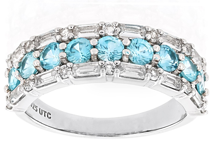 Blue Zircon Rhodium Over Sterling Silver Band Ring 2.14ctw