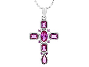 Lab Created Ruby Rhodium Over Brass Cross Pendant With Chain