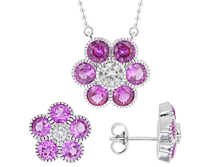 Lab Pink Sapphire Rhodium Plated Pendant with Chain and Stud