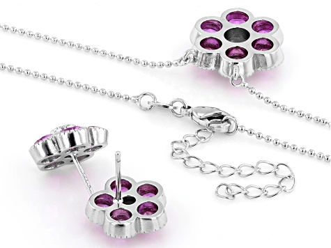 Lab Pink Sapphire Rhodium Plated Pendant with Chain and Stud