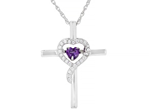 Purple Amethyst Rhodium Over Sterling Silver Dancing Heart Cross Pendant With Chain 0.40ctw