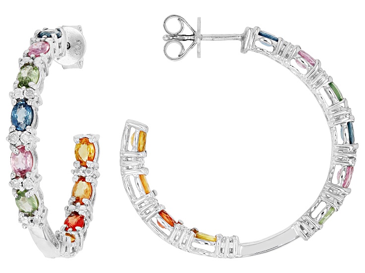 Multi-Sapphire Rhodium Over Sterling Silver Inside-Out Hoop Earrings 3.88ctw
