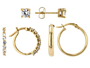 White Lab Created Sapphire 14k Yellow Gold Over Sterling Hoop and Stud Set of Three Earrings 1.74ctw