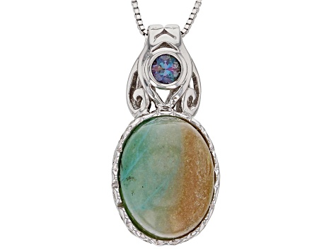 Blue Indonesian Opal in Matrix Rhodium Over  Silver Pendant with Chain .28ct