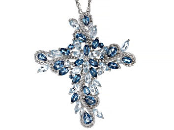 Picture of Blue Topaz Rhodium Over Sterling Silver Cross Pendant With Chain 11.07ctw