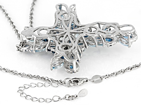 Blue Topaz Rhodium Over Sterling Silver Cross Pendant With Chain 11.07ctw