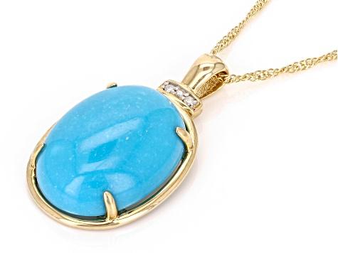 Blue Sleeping Beauty Turquoise With Diamond 14k Yellow Gold Pendant With Chain 0.01ctw