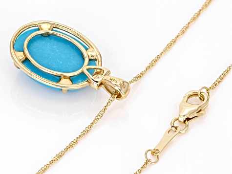 Blue Sleeping Beauty Turquoise With Diamond 14k Yellow Gold Pendant With Chain 0.01ctw