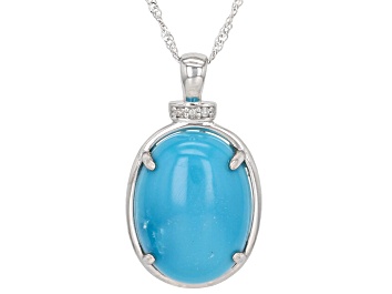 Picture of Blue Sleeping Beauty Turquoise With Diamond Rhodium Over 14k White Gold Pendant With Chain 0.01ctw