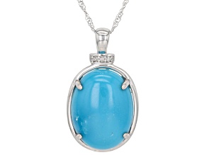 Blue Sleeping Beauty Turquoise With Diamond Rhodium Over 14k White Gold Pendant With Chain 0.01ctw