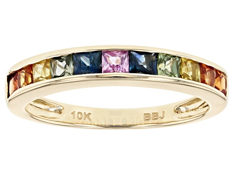Multi-Color Sapphire 10k Yellow Gold Band Ring 1.22ctw