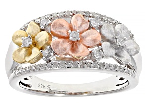 White Diamond Rhodium & 14K Yellow & Rose Gold Over Sterling Silver Flower Band Ring 0.25ctw