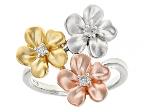 White Diamond Rhodium & 14K Yellow & Rose Gold Over Sterling Silver Flower Ring 0.10ctw