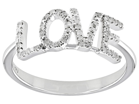 White Diamond Rhodium Over Sterling Silver "Love" Ring 0.12ctw