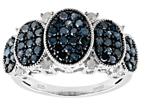 Blue And White Diamond Rhodium Over Sterling Silver Cluster Ring 1.00ctw