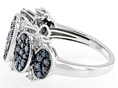 Blue And White Diamond Rhodium Over Sterling Silver Cluster Ring 1.00ctw