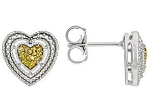 Yellow Diamond Rhodium Over Sterling Silver Heart Stud Earrings 0.12ctw