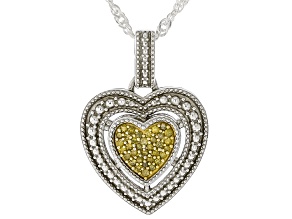 Yellow Diamond Rhodium Over Sterling Silver Heart Pendant With Singapore Chain 0.10ctw