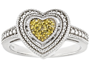 Yellow Diamond Rhodium Over Sterling Silver Heart Cluster Ring 0.10ctw