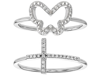 Diamond Accent Rhodium Over Sterling Silver Butterfly And Cross Set Of 2 Rings