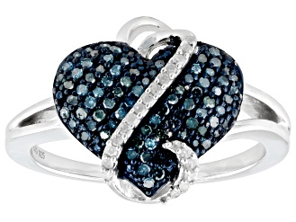 Blue And White Diamond Rhodium Over Sterling Silver Heart Cluster Ring 0.35ctw