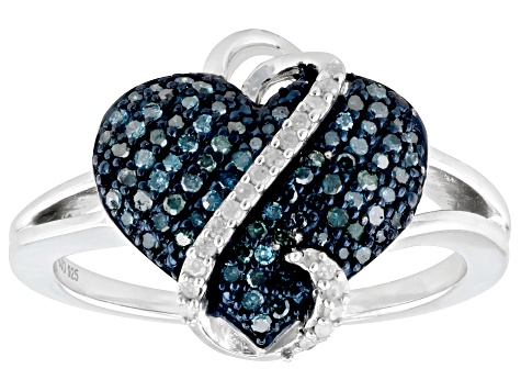 Blue And White Diamond Rhodium Over Sterling Silver Heart Cluster Ring 0.35ctw