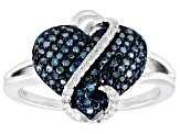 Blue And White Diamond Rhodium Over Sterling Silver Heart Cluster Ring 0.35ctw