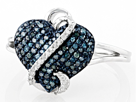 Blue And White Diamond Rhodium Over Sterling Silver Heart Cluster Ring 0.35ctw