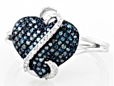 Blue And White Diamond Rhodium Over Sterling Silver Heart Cluster Ring 0.35ctw