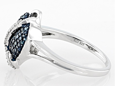Blue And White Diamond Rhodium Over Sterling Silver Heart Cluster Ring 0.35ctw