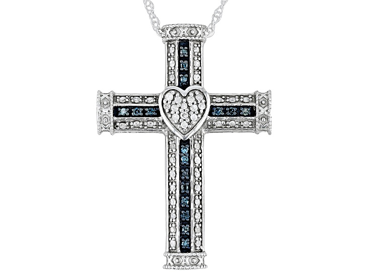 0.15 Carat Blue Diamond Sterling Silver Cross Pendant Necklace - Includes 18" Silver Chain - View #8
