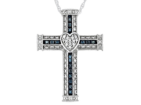 Blue And White Diamond Rhodium Over Sterling Silver Cross Slide Pendant With Chain 0.20ctw