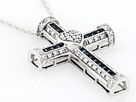 Blue And White Diamond Rhodium Over Sterling Silver Cross Slide Pendant With Chain 0.20ctw