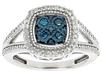 Picture of Blue And White Diamond Rhodium Over Sterling Silver Cluster Ring 0.50ctw