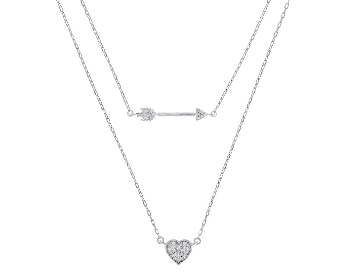 White Diamond Rhodium Over Sterling Silver Layered Heart And Arrow Necklace 0.10ctw
