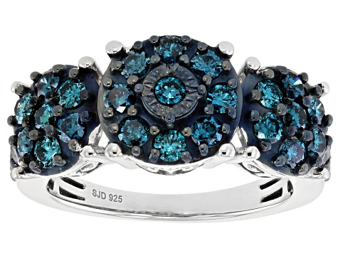 ◼️Blue Diamono Blue Diamond Rhodium Over Sterling Silver Cluster Ring 1.25ctw