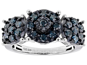 Blue Diamond Rhodium Over Sterling Silver Cluster Ring 1.25ctw