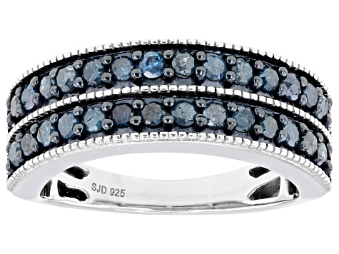 Blue Diamond Rhodium Over Sterling Silver Band Ring 0.75ctw