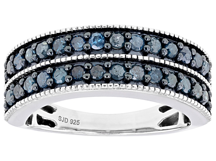 Blue Diamond Rhodium Over Sterling Silver Band Ring 0.75ctw