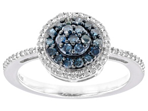 Blue And White Diamond Rhodium Over Sterling Silver Cluster Ring 0.45ctw