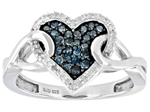 Blue And White Diamond Rhodium Over Sterling Silver Heart Cluster Ring 0.30ctw
