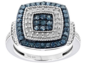 Blue And White Diamond Rhodium Over Sterling Silver Cluster Ring 0.80ctw