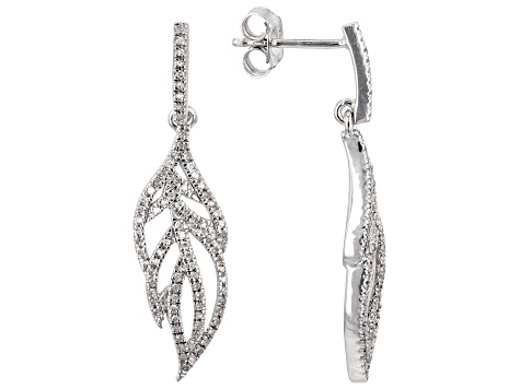 White Diamond Rhodium Over Sterling Silver Feather Dangle Earrings 0.25ctw