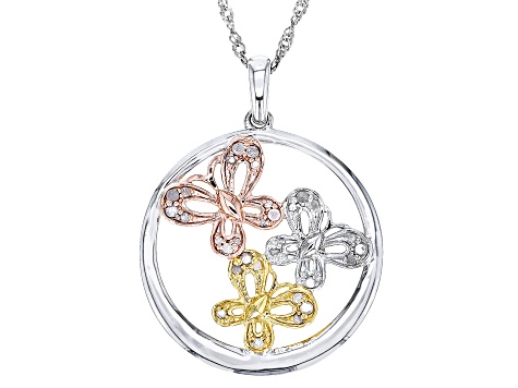 White Diamond Rhodium And 14k Rose And Yellow Gold Over Sterling Silver Butterfly Pendant 0.20ctw